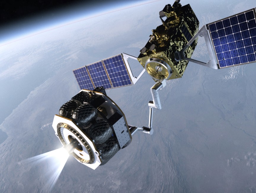Rendering of an orbital transfer vehicle deploying a small satellite with a robotic arm above Earth