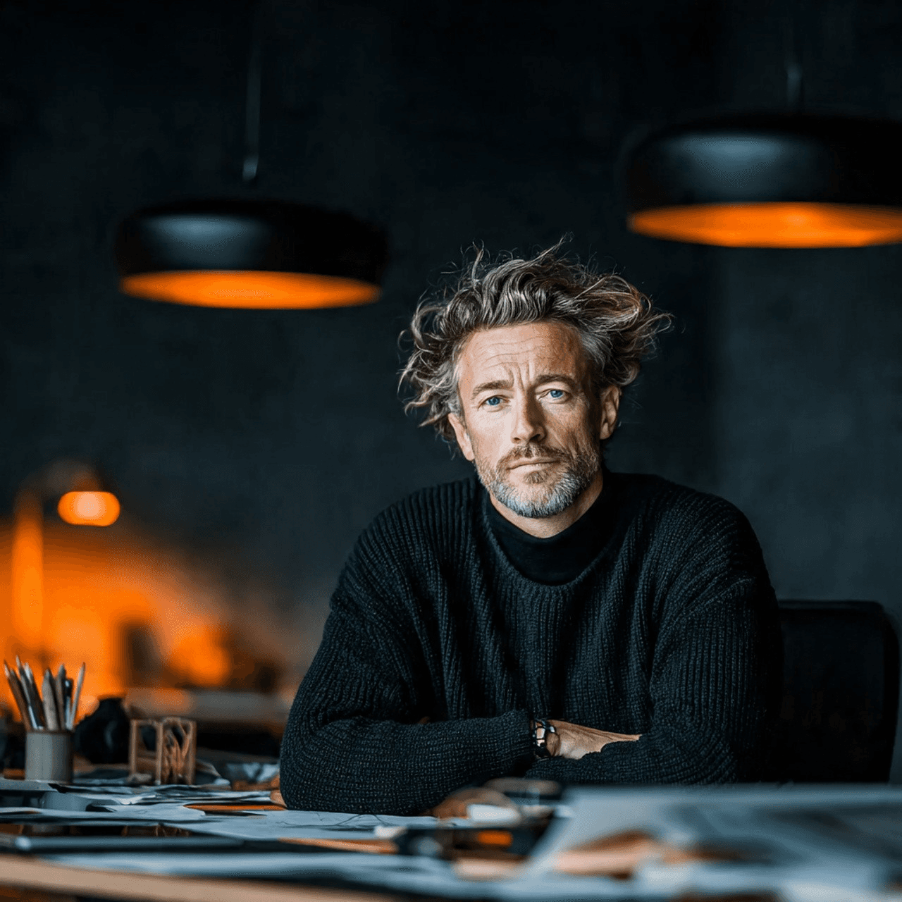 Man with tousled hair sitting at a cluttered desk in a dimly lit room. Warm, orange lighting creates a moody and contemplative atmosphere.