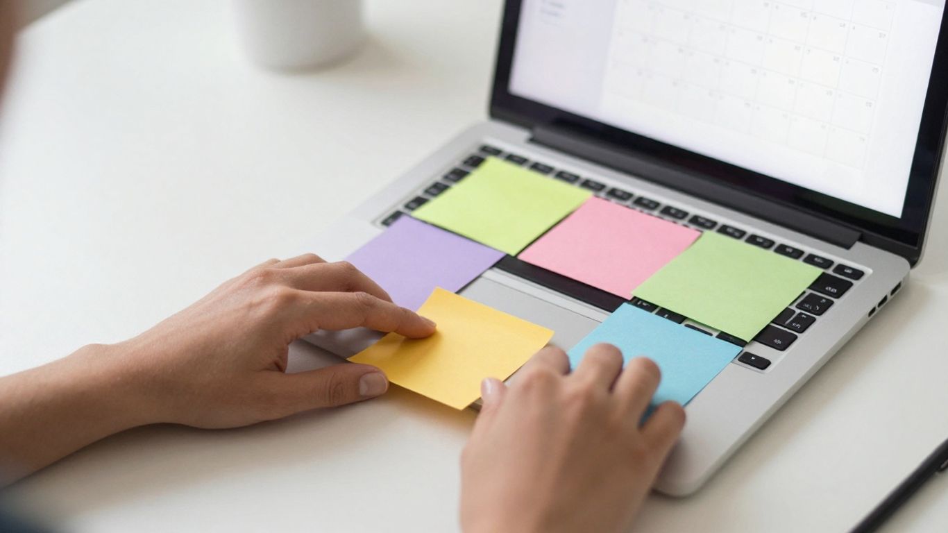 Hands placing sticky notes on a desk with a laptop.