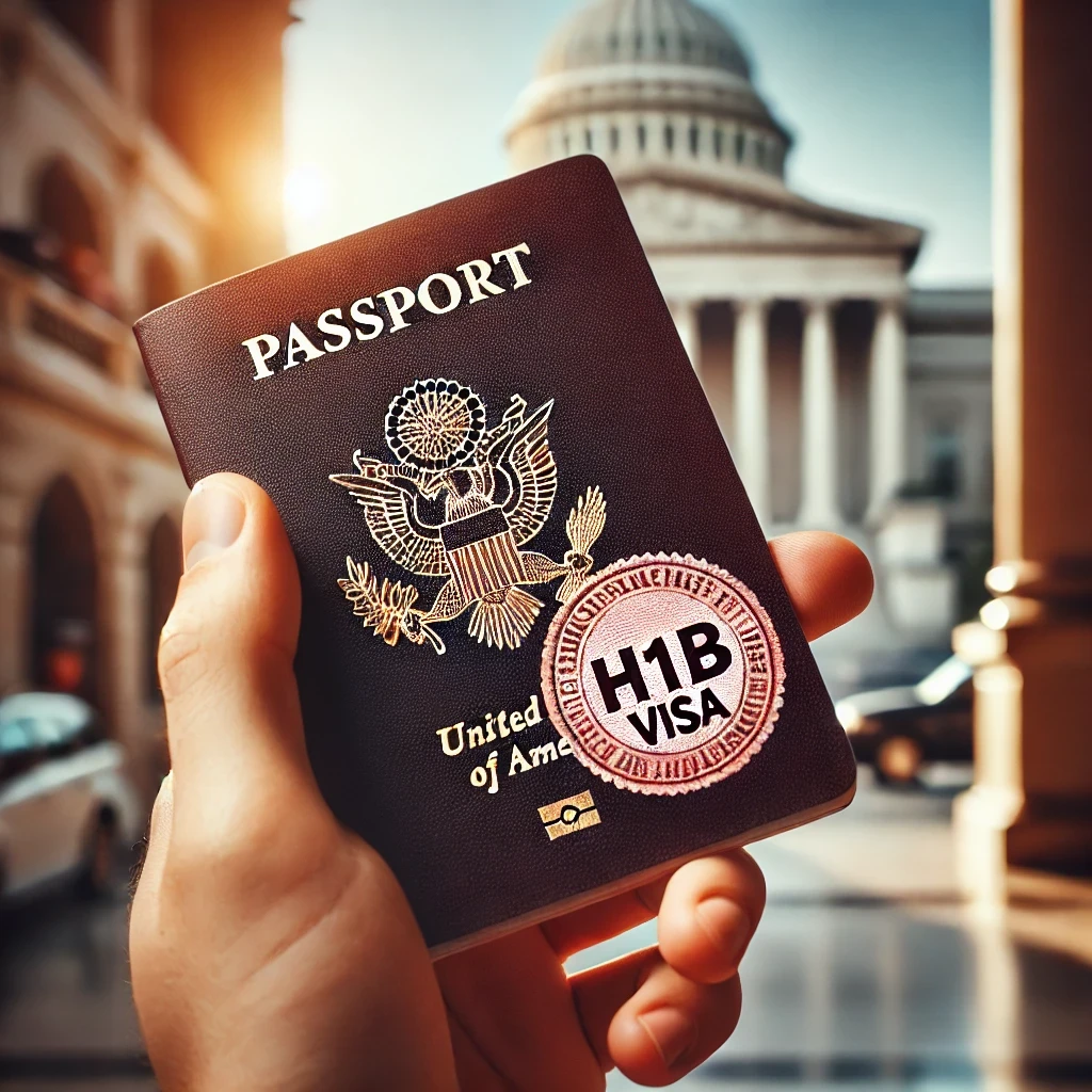 A close-up of a U.S. passport showing the H1B visa stamp held in front of a U.S. embassy.