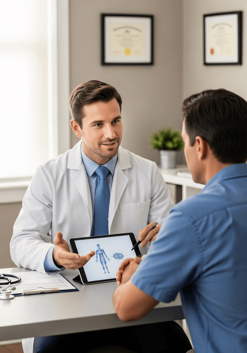 A doctor explains a medical diagram to a patient in a professional office setting, fostering clear communication and understanding.
