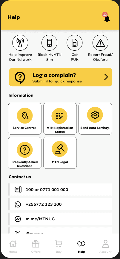 MyMTN app help screen  interface 