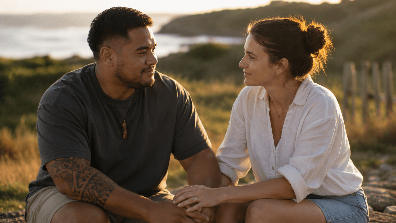 Engaged couple sitting together outdoors in soft New Zealand light, holding hands and looking at each other warmly