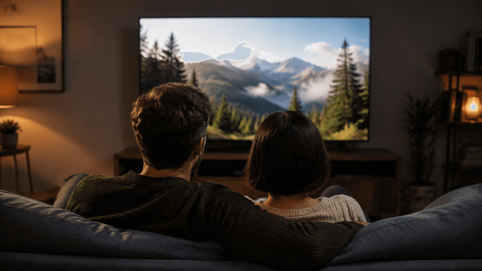 Two people relax on a sofa and watch television together at home.