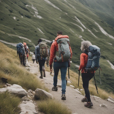 group of hikers walking on a trail