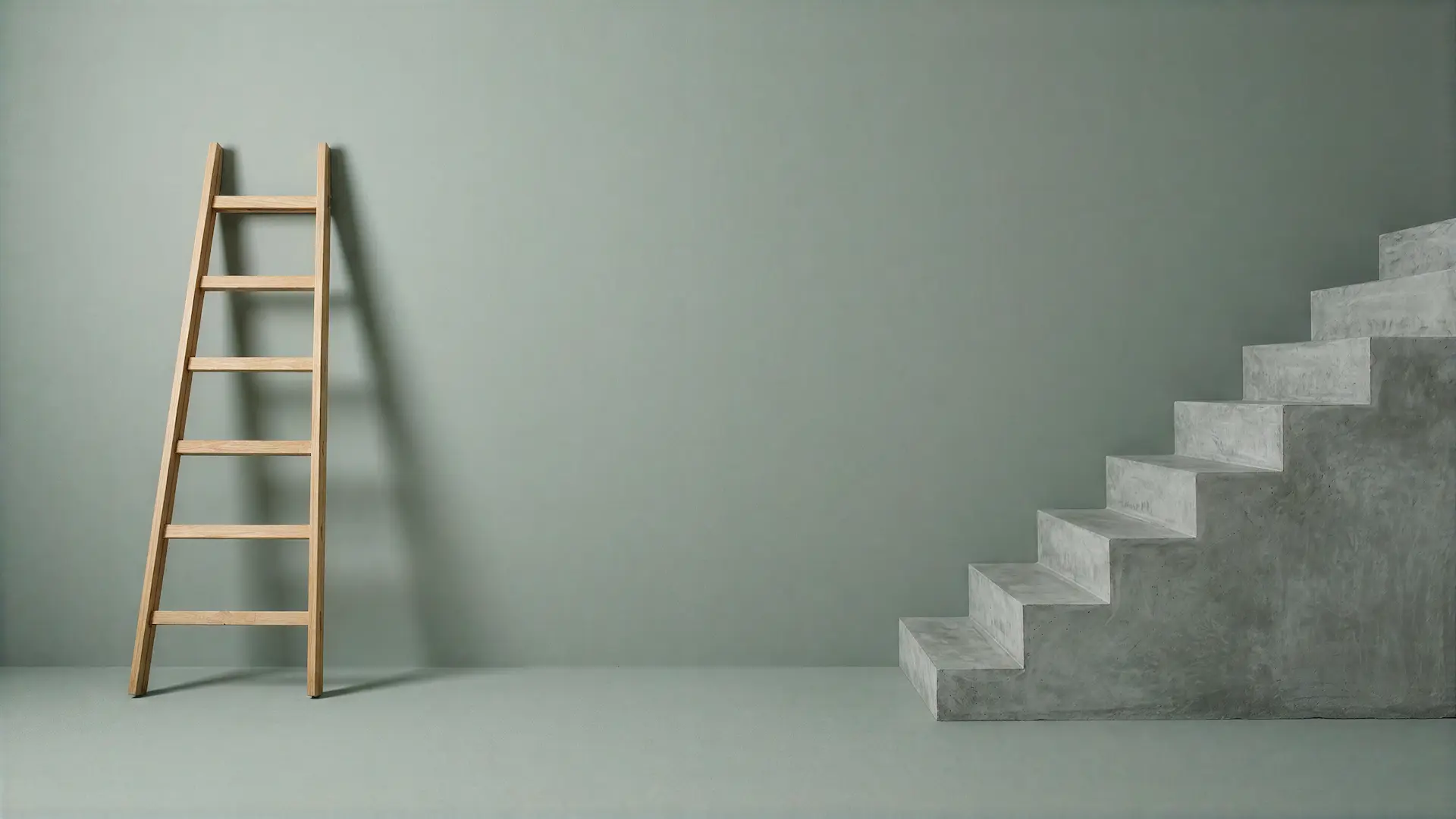 A minimalist room with a light wooden ladder leaning against a muted green wall on the left, and a concrete staircase rising along the right side.