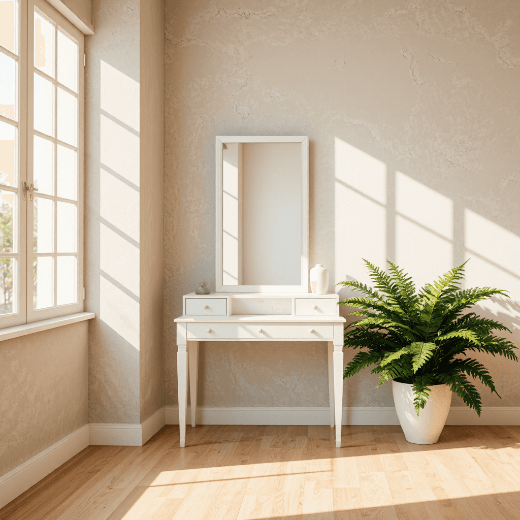 product photography of a vanity table with a mirror and storage drawers