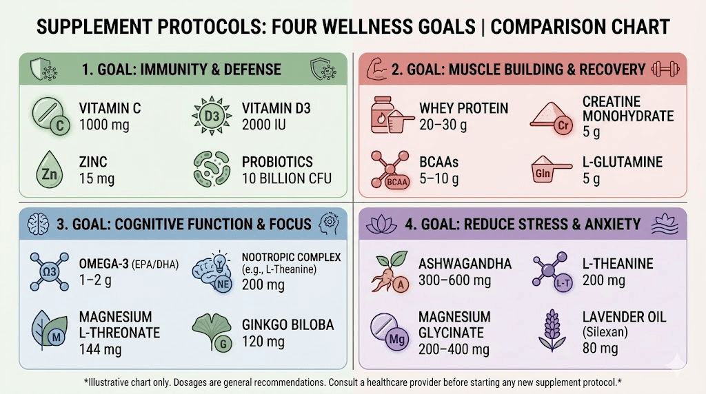Four supplement protocol options for GLP-1 users by goal: foundation, muscle, digestion, and hair