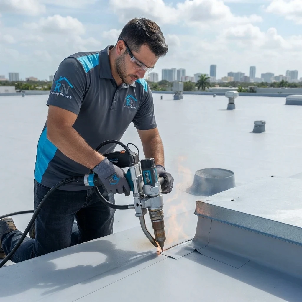 Roofing Network technician heat-welding a TPO patch around an HVAC curb on a South Florida warehouse roof