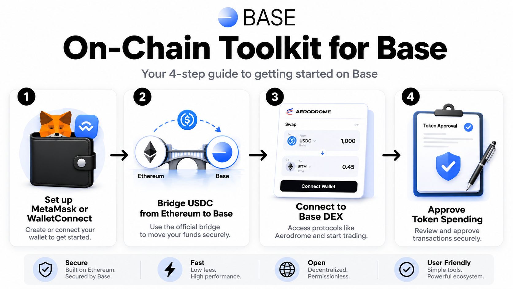 A four-step infographic guiding users on how to start using the Base blockchain network and decentralized exchanges.