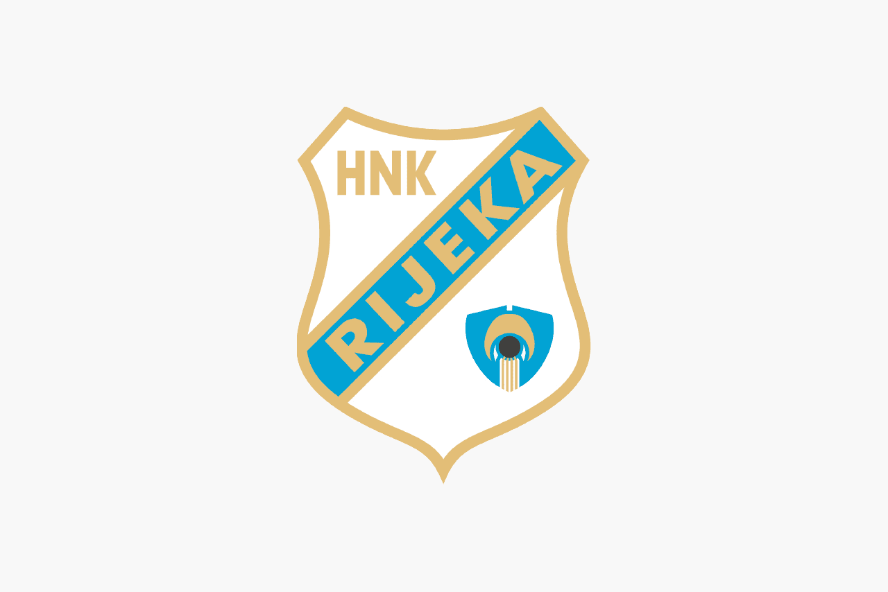 HNK Rijeka Football Club logo. Shield shape with gold trim, a banner across the centre and an icon depicting a vase puring water in the corner