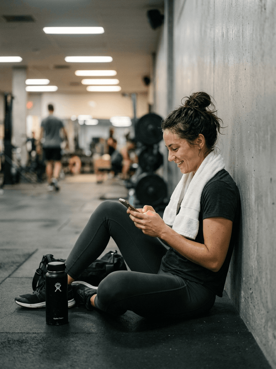 Smiling woman in beige yoga outfit sitting in natural light with green plants in the background.