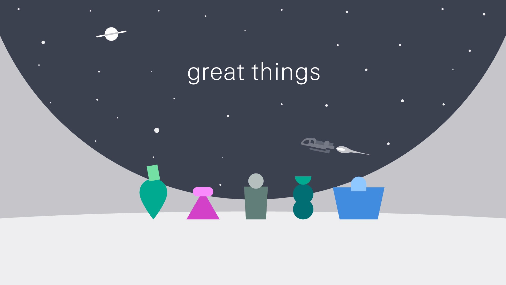 Five characters looking outside an oversized window at the night sky.