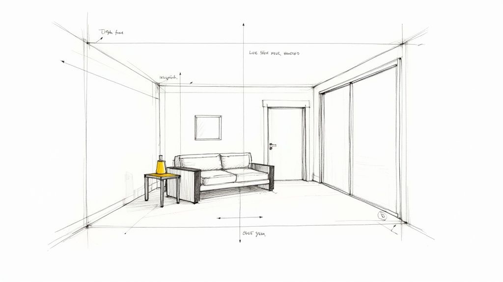 A hand-drawn sketch illustrating an interior room with a sofa, side table, lamp, door, and window.