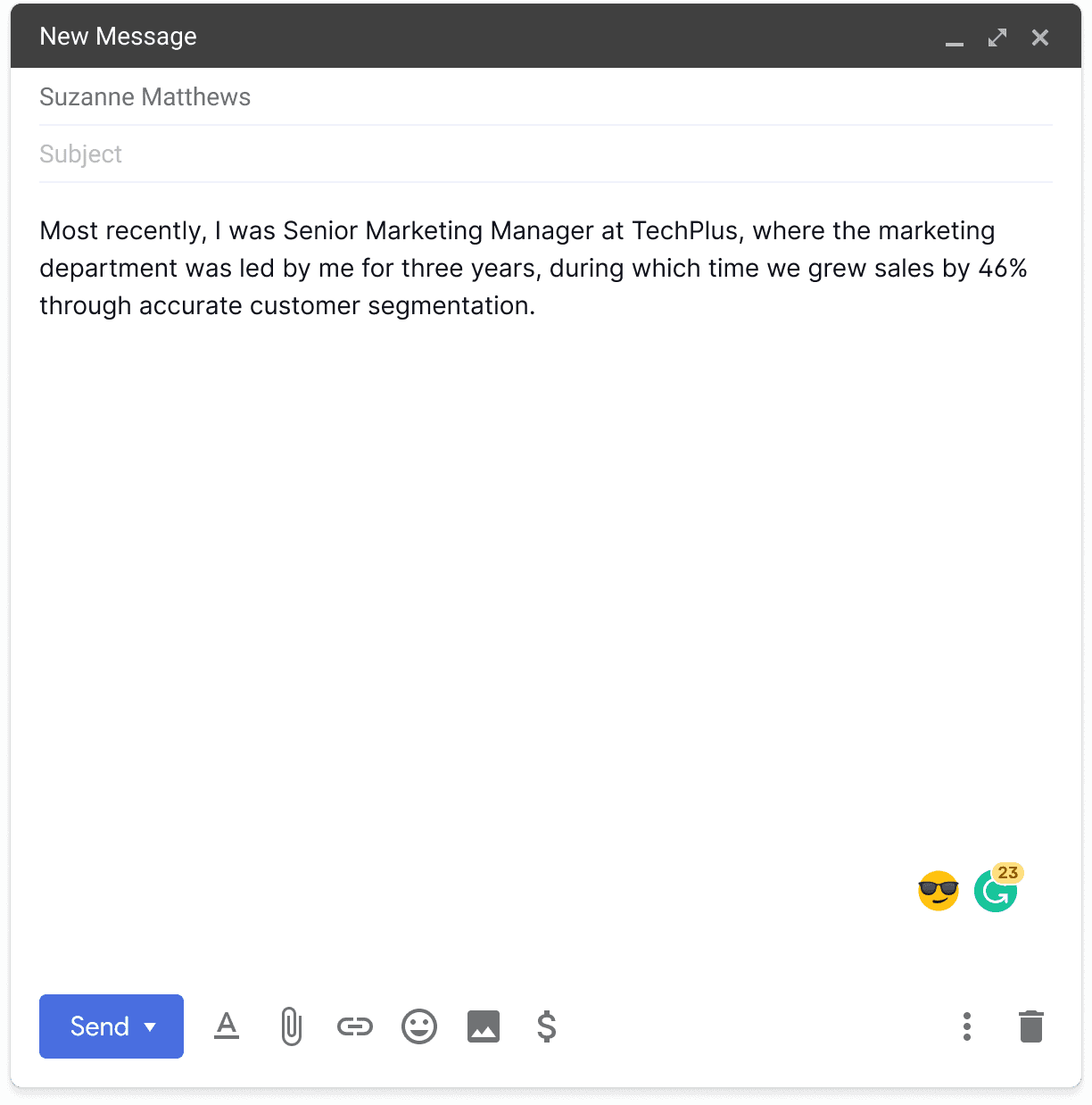 Email with no error underlines, but 23 premium suggestions indicated at the bottom right corner.
