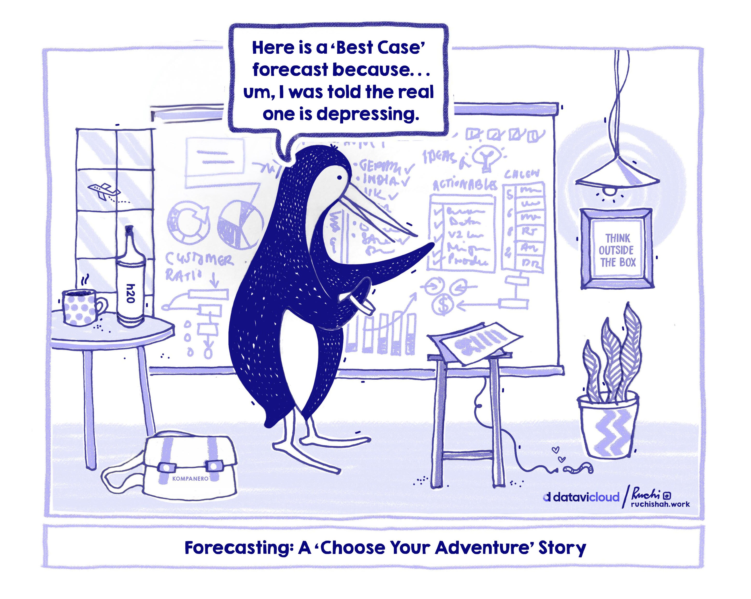 A blue-and-white satirical business illustration by Datavic Cloud titled "Forecasting: A ‘Choose Your Adventure’ Story." A penguin stands in front of a whiteboard filled with chaotic, disorganized graphs and question marks, pointing at a speech bubble that says, "Here is a ‘Best Case’ forecast because... um, I was told the real one is depressing." This image satirizes the inaccuracy of manual revenue forecasting and highlights the need for real-time sales intelligence to replace "fossilized" reporting methods.
