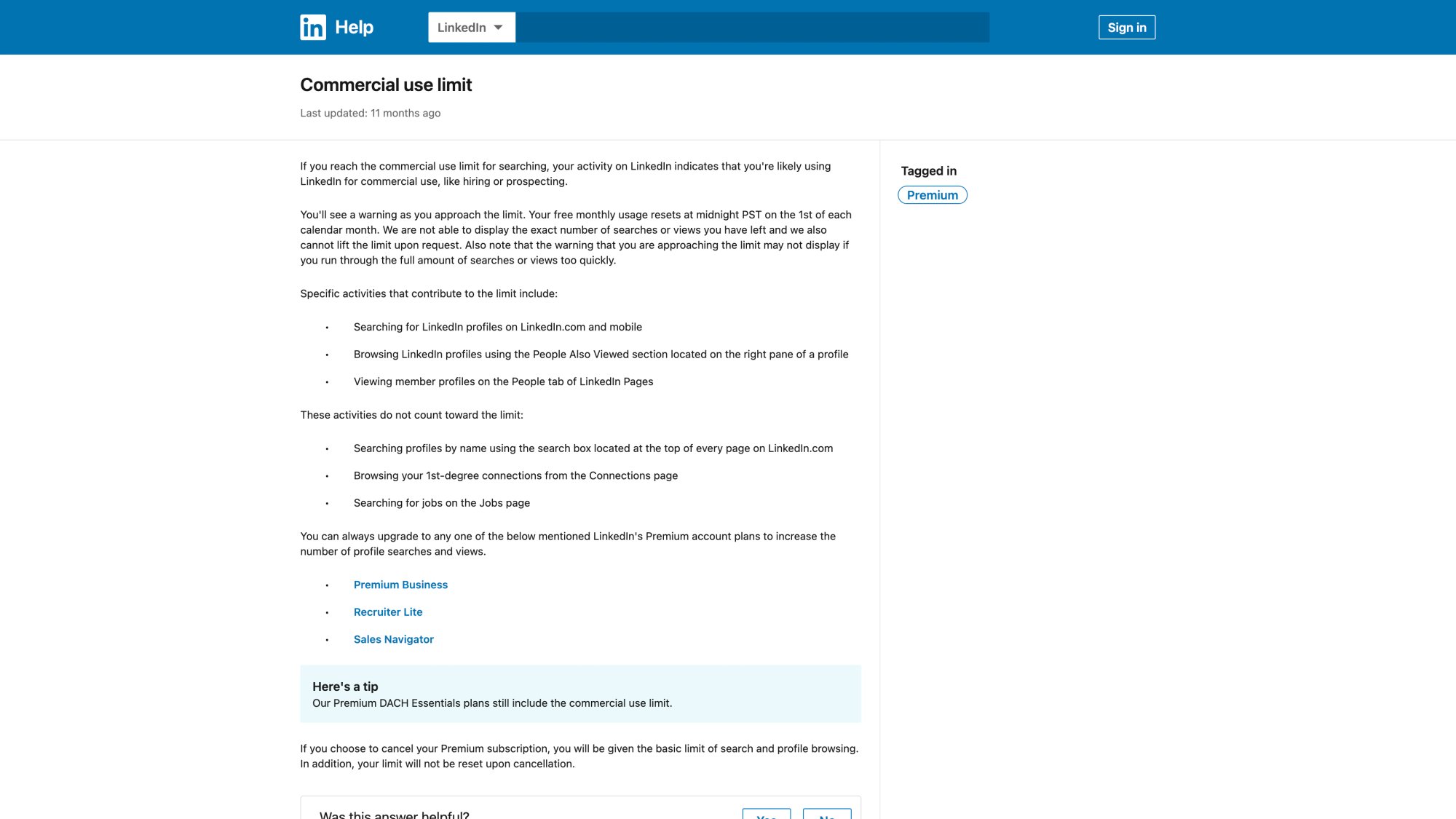 LinkedIn Help Center article explaining commercial use limits, monthly reset cycles, and upgrade options to Premium Business or Sales Navigator for increased search capacity