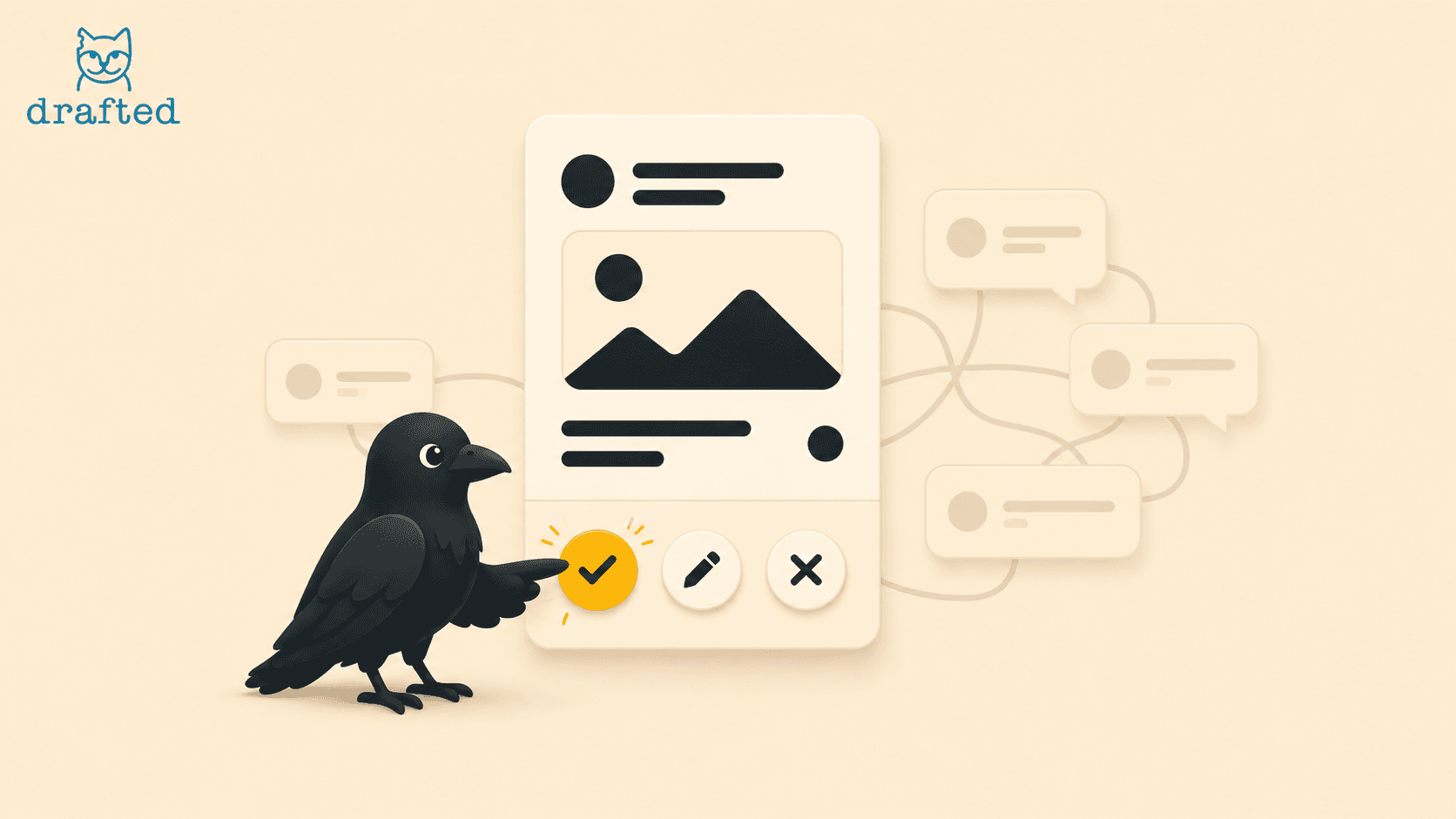 A black crow interacts with a digital interface featuring icons, chat bubbles, and an image thumbnail, set against a light beige background with the word "drafted" in the corner.