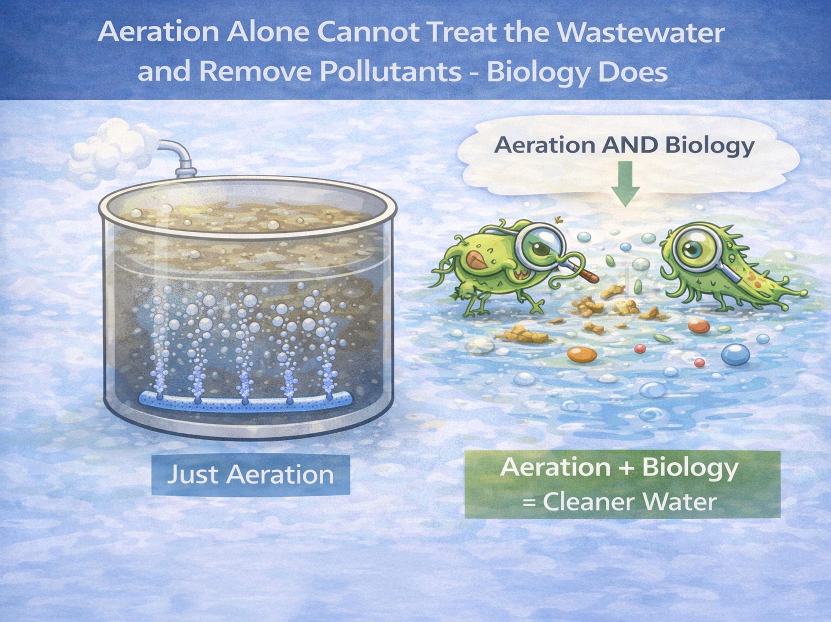 Wastewater treatment diagram showing why aeration alone cannot remove pollutants and how aeration with biological treatment produces cleaner water.
