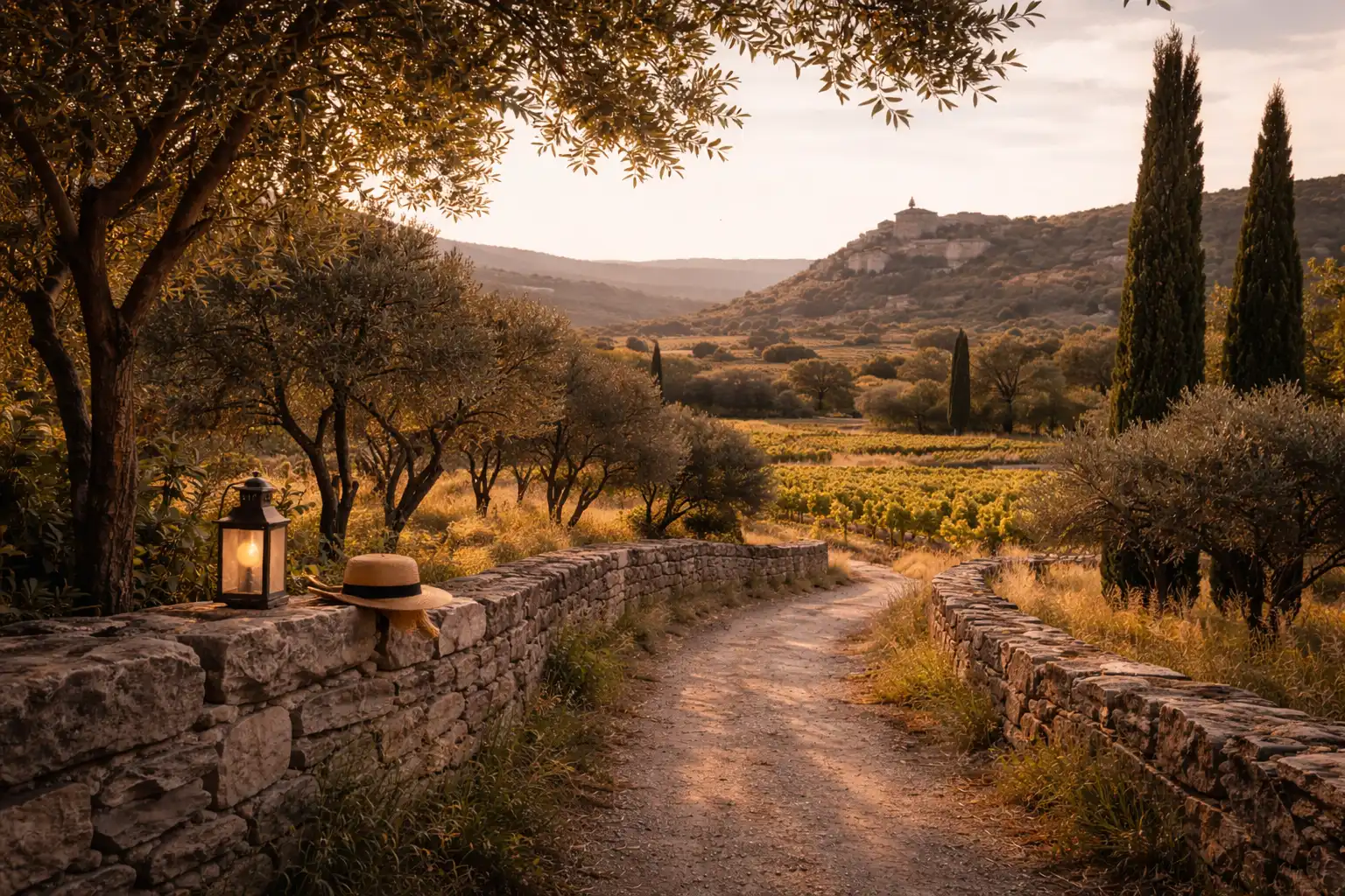 Stone path through a Provençal landscape at sunset illustrating a thoughtful approach to travel