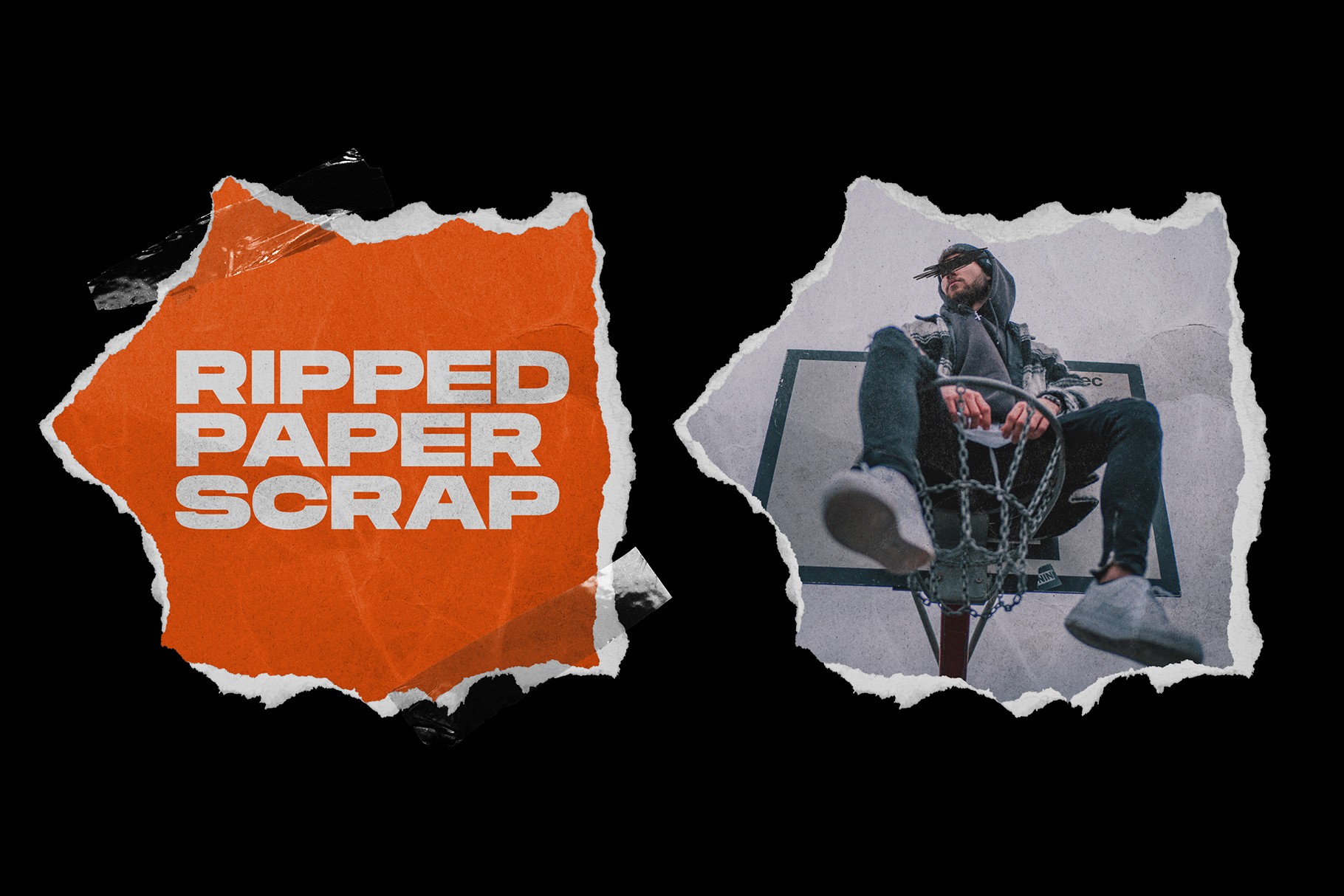 Ripped Paper Scrap Mockup showcasing a vibrant orange paper texture and a skater photograph with rough torn white borders