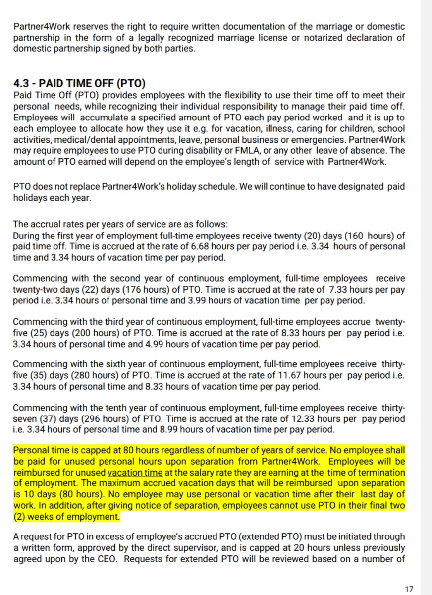 A policy document page detailing Partner4Work’s Paid Time Off (PTO) accrual rates and guidelines for full-time employees based on years of service.