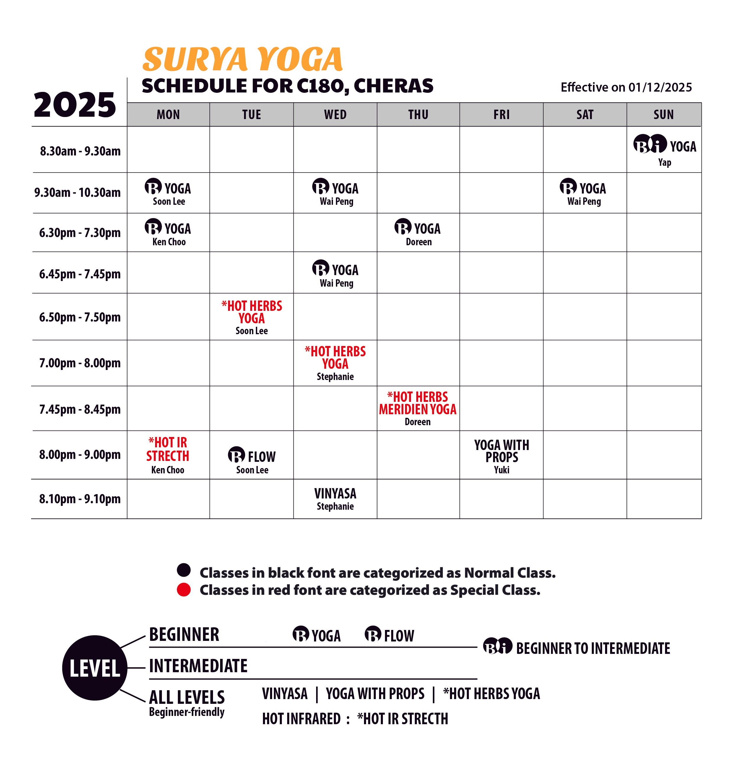 Surya Yoga C180 Cheras Schedule