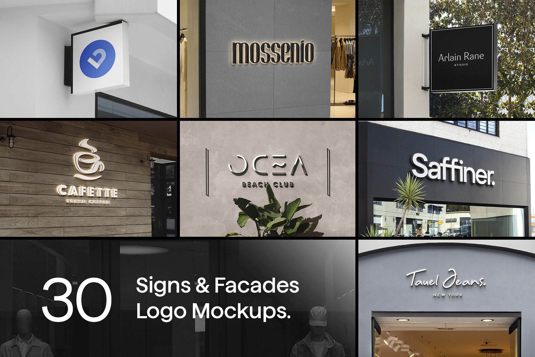 30 Signs & Facade Logo Mockups – V3, showcasing various store sign mockups in different styles and materials.