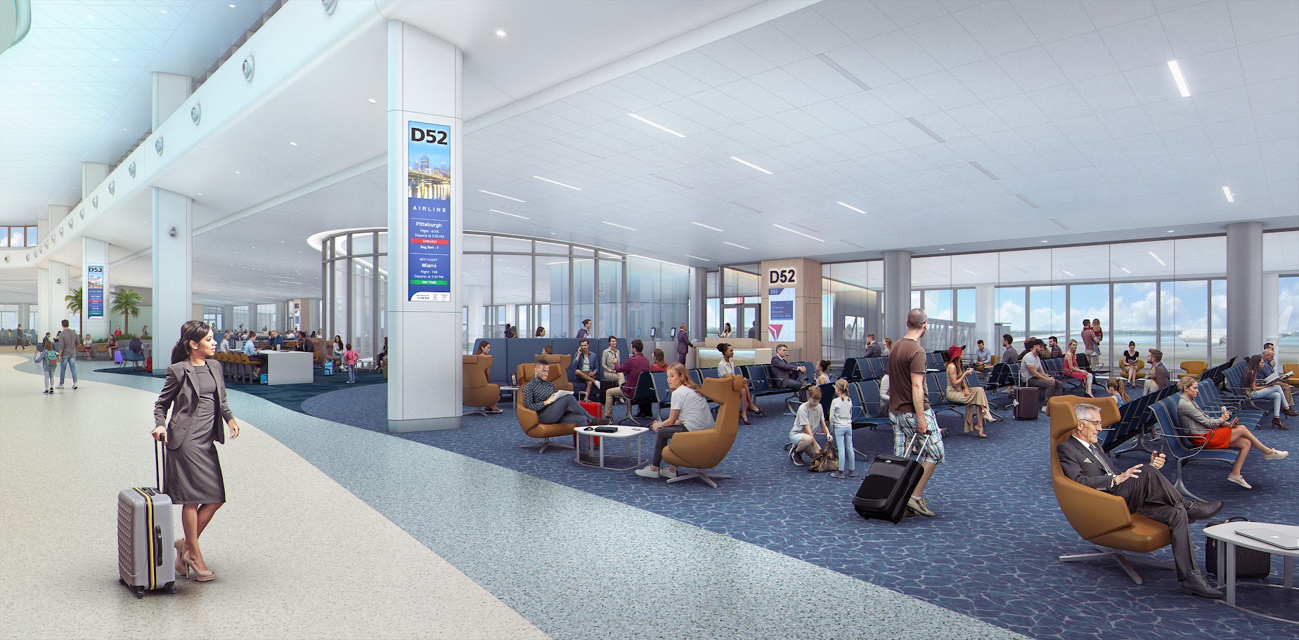 Spacious terminal lounge with comfortable seating for passengers and modern terminal architecture
