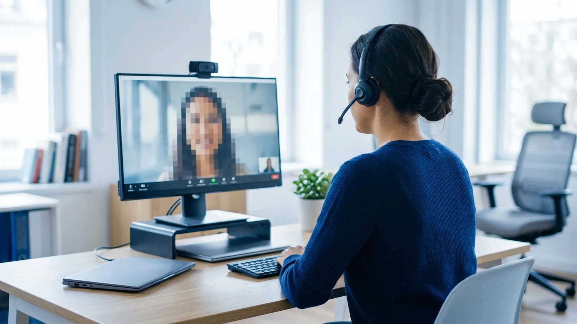 Kundestøttespesialist i videosamtale med en B2B-kunde
