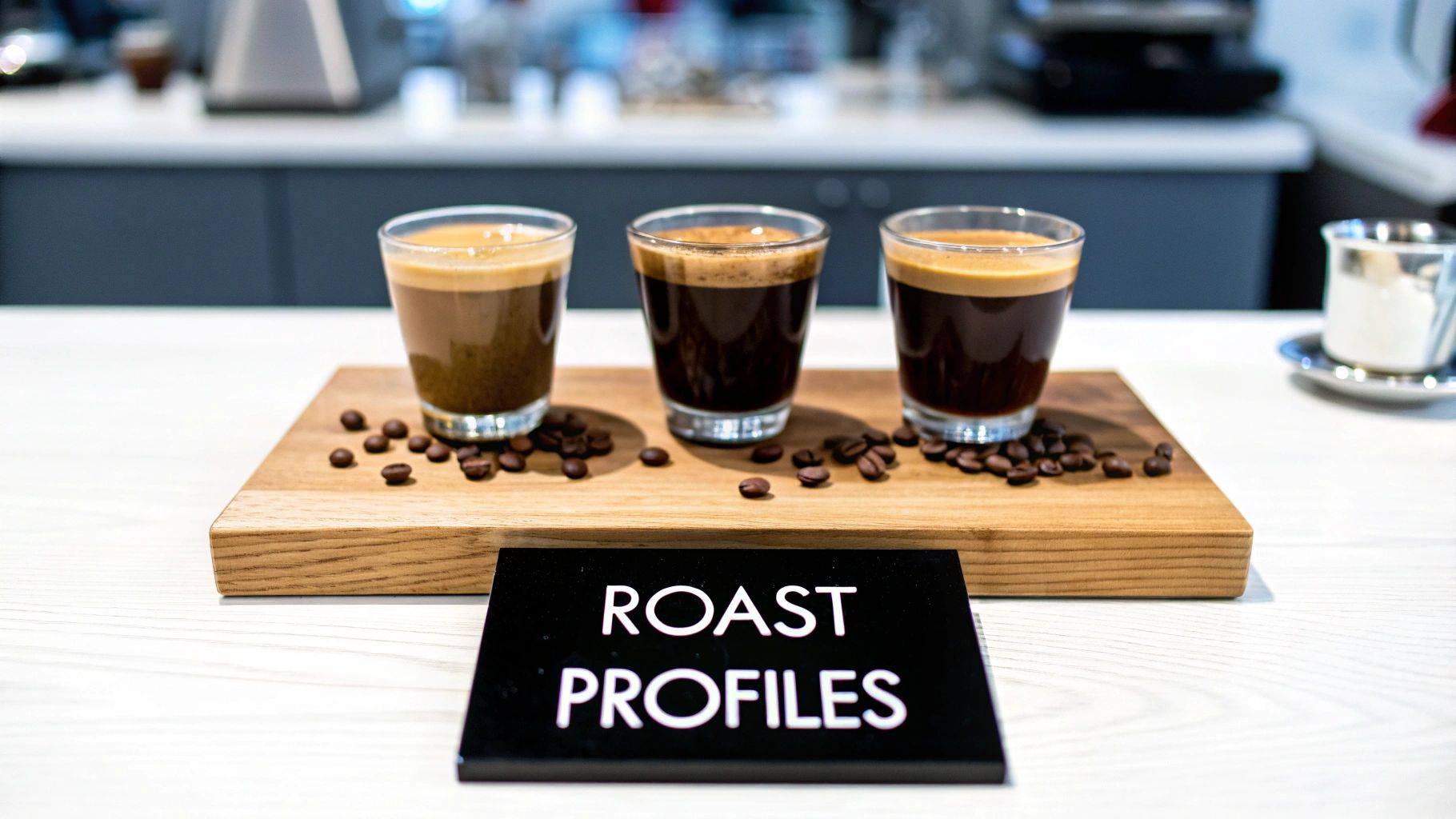 Three glasses of espresso showing different roast profiles on a wooden board with coffee beans, and a 'ROAST PROFILES' sign.