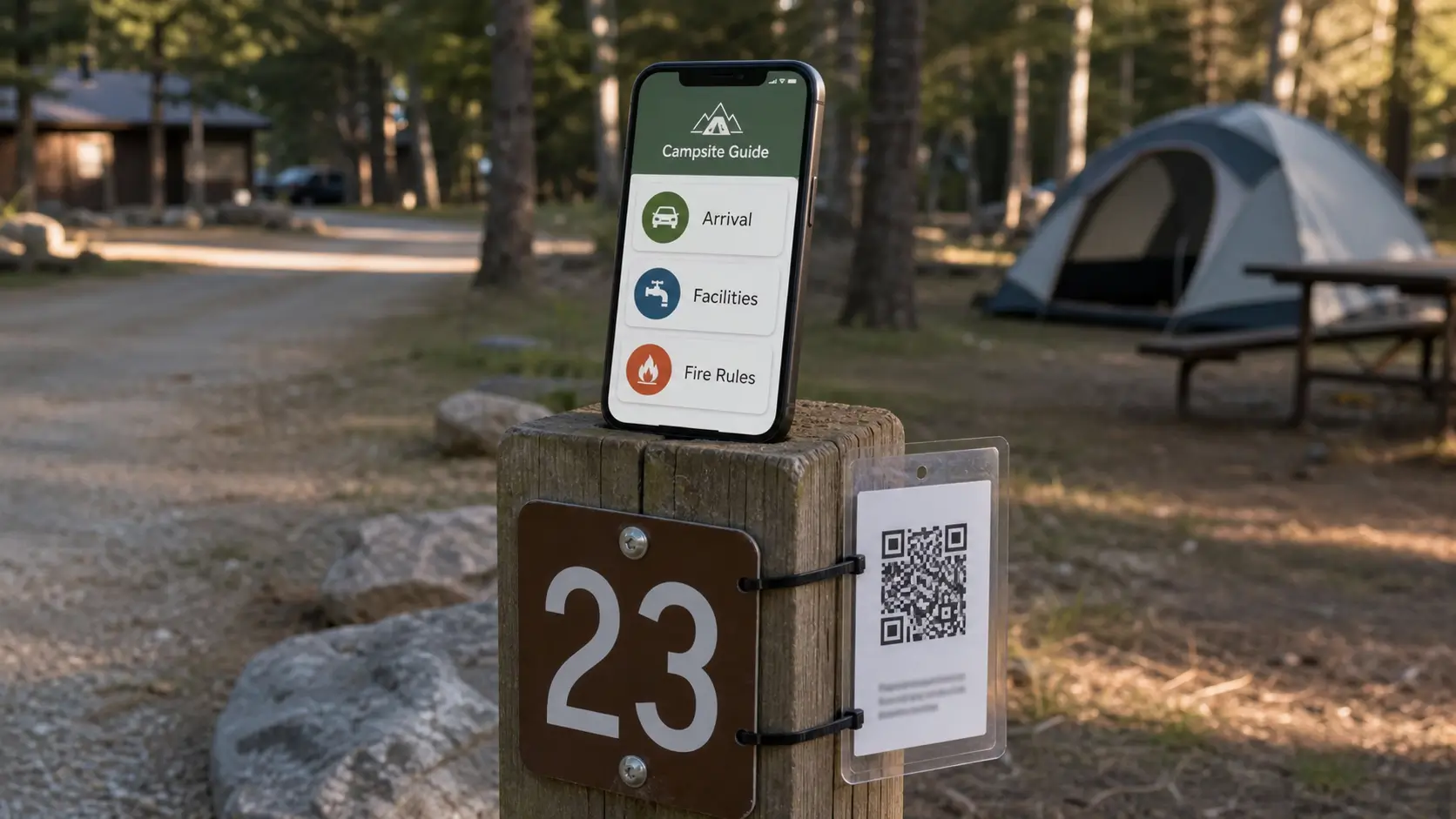 Phone showing a campsite facilities map beside a QR code card on a wooden site post.