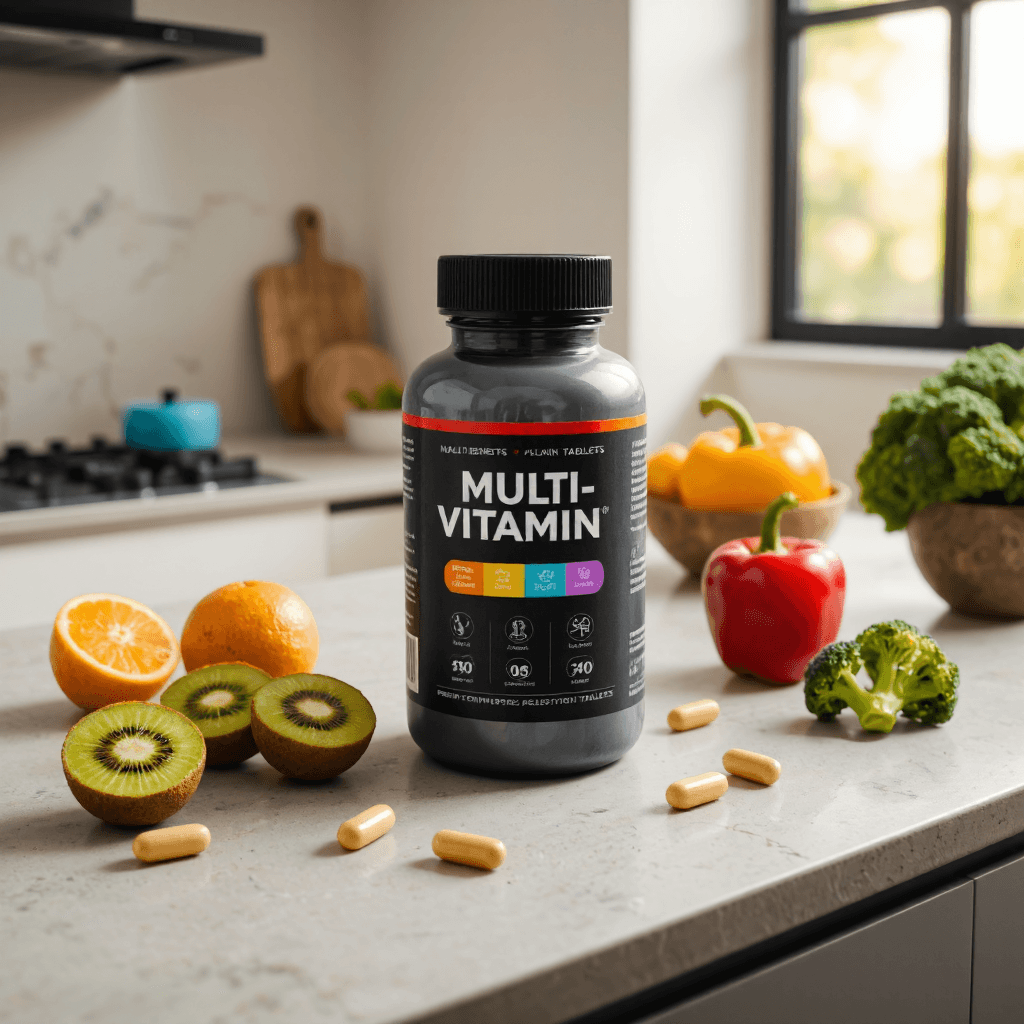 product photography of a bottle of multivitamin tablets