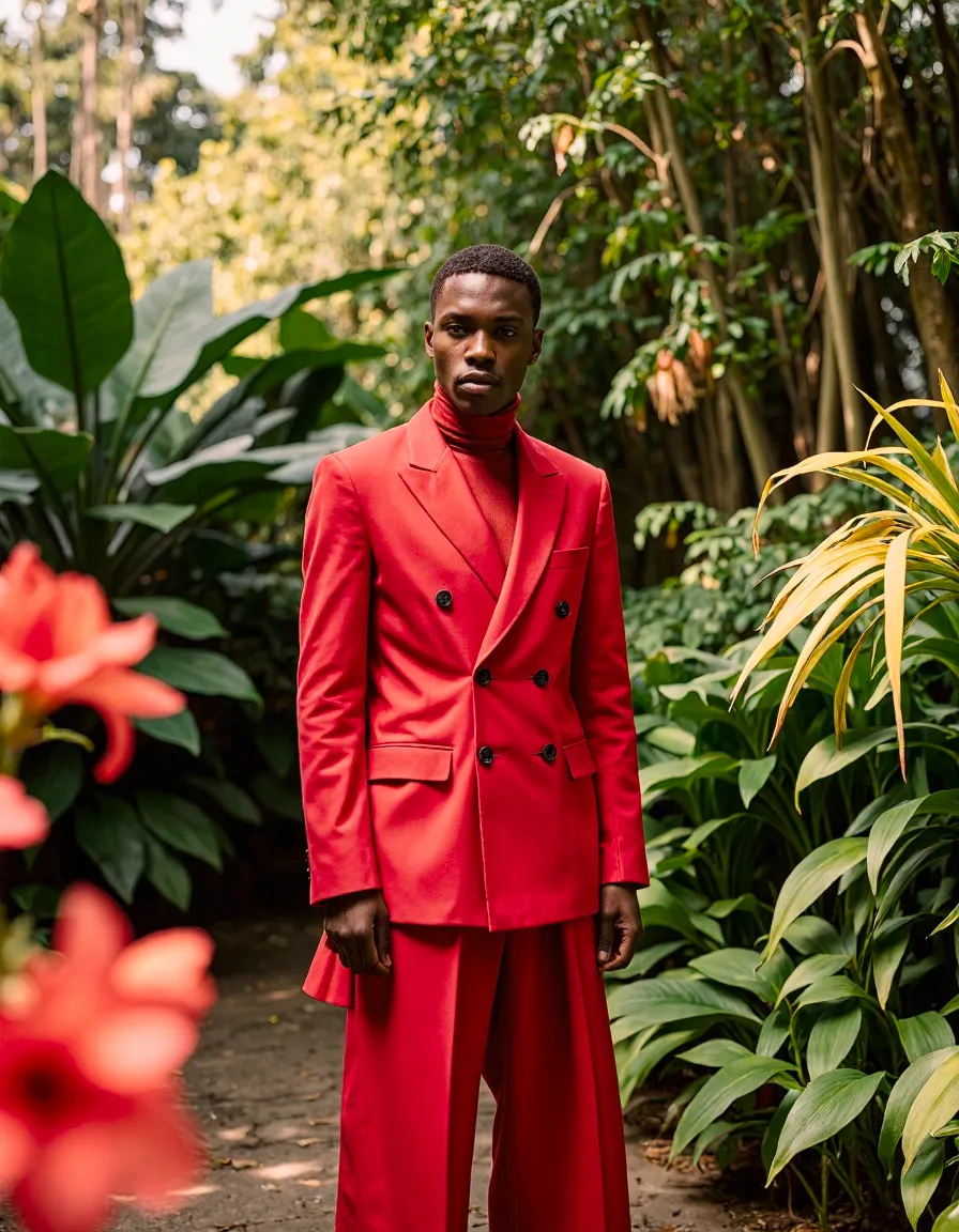 Model in red double-breasted suit and turtleneck standing in tropical garden with lush green foliage