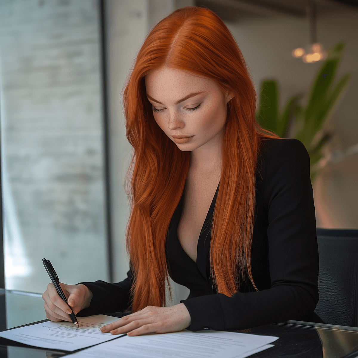 Red-haired woman in a black blazer focused on writing at a desk.