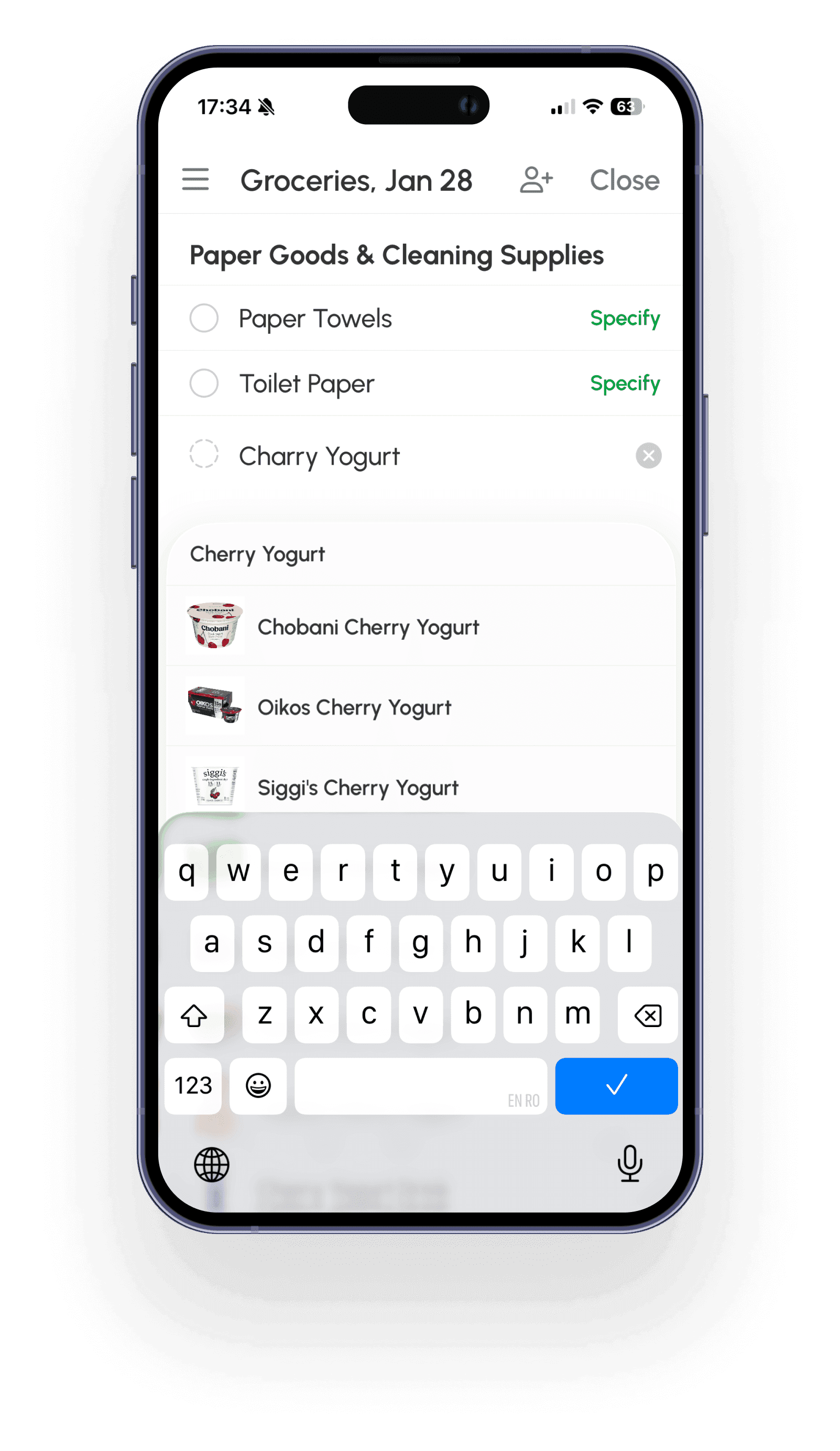 A smart grocery list screen that organizes items by category and suggests popular product brands with images, helping users quickly specify exactly what they want while shopping.