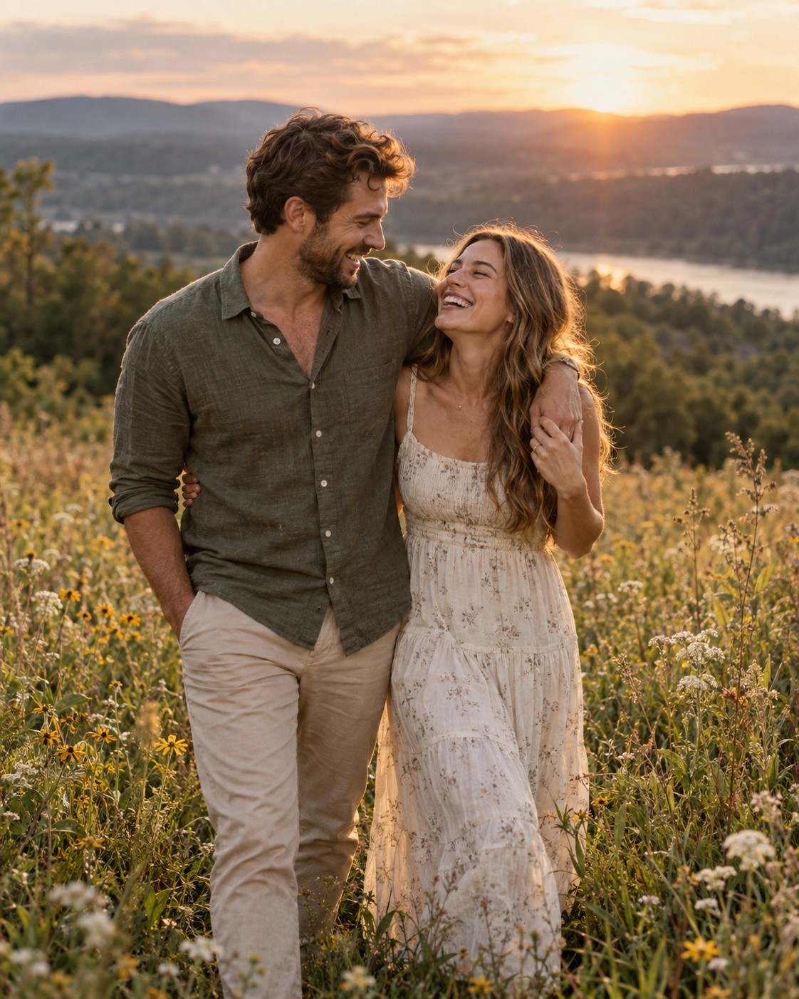 Engaged couple laughing in a Hudson Valley meadow