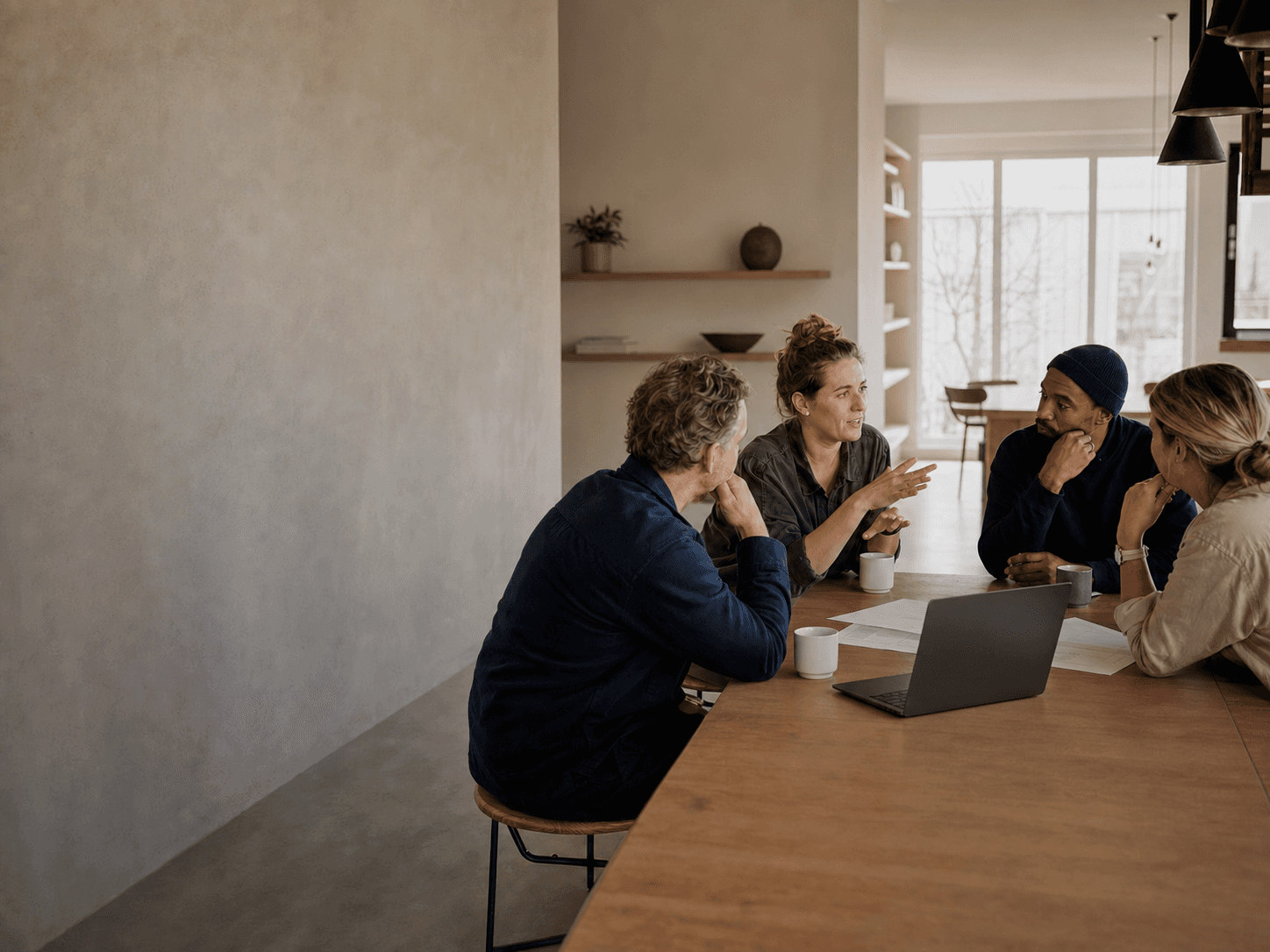 Een adviseur luistert aandachtig naar medewerkers tijdens een open gesprek over hun werk en organisatie.