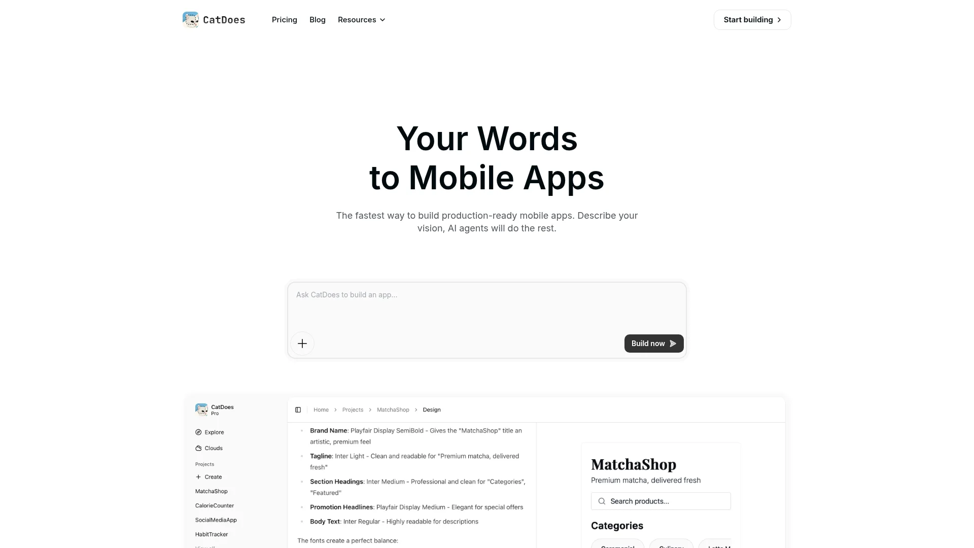 CatDoes AI app builder homepage showing the prompt-to-app interface and mobile app preview