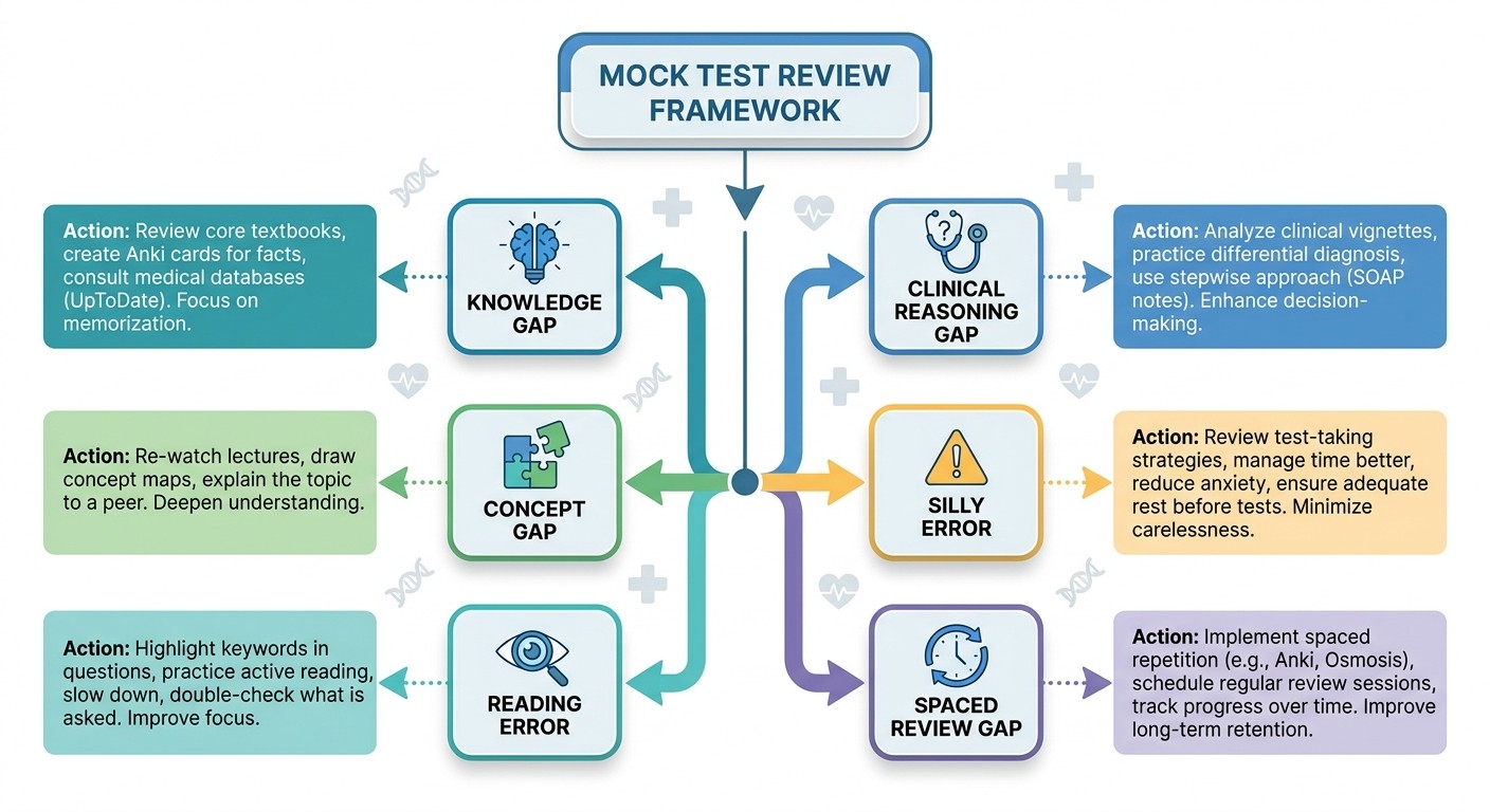 Mock test review framework showing different types of mistakes - knowledge gaps, concept gaps, reading errors, and clinical reasoning gaps