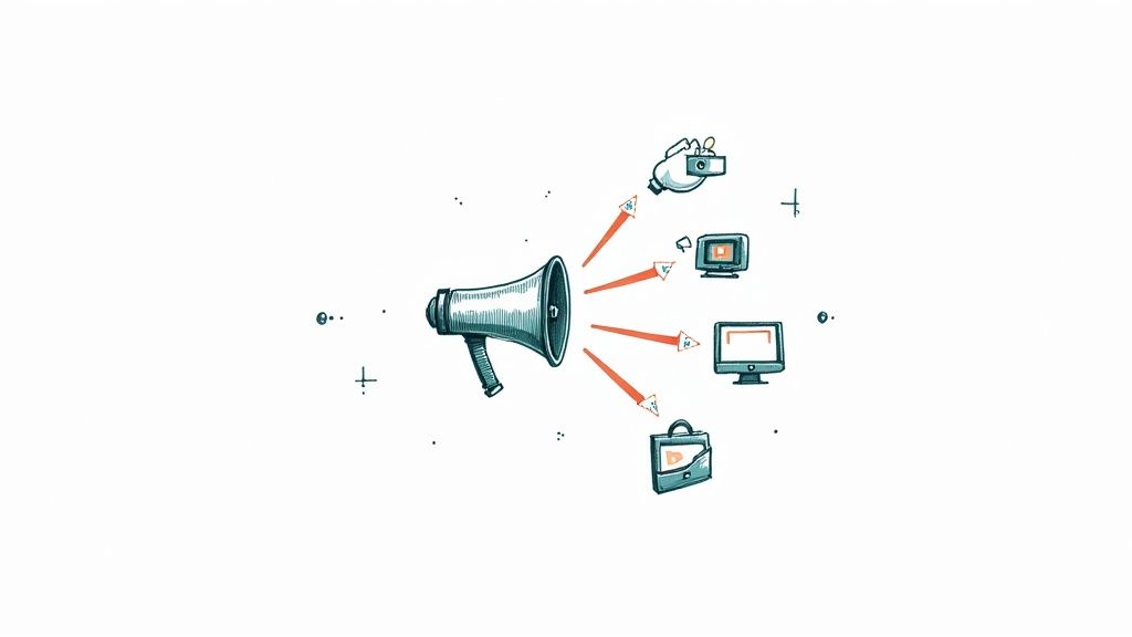 Megaphone broadcasting content as red arrows to a robot hand with phone, monitors, and a briefcase.