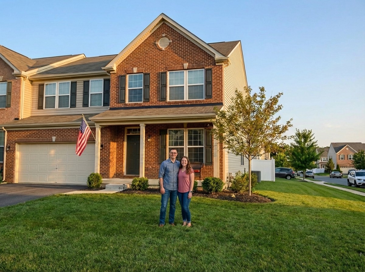 Couple in front of new home in Odenton, MD