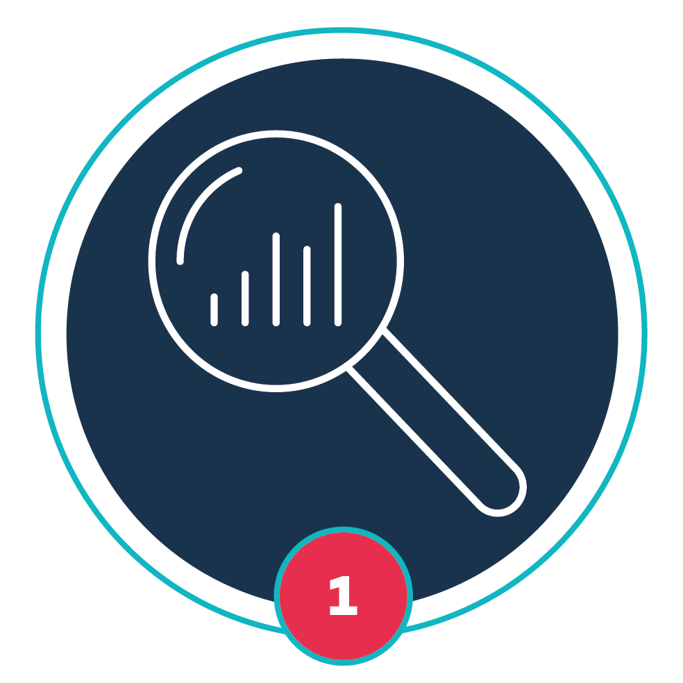 Step 1: Blue circle and illustration of a white magnifying glass