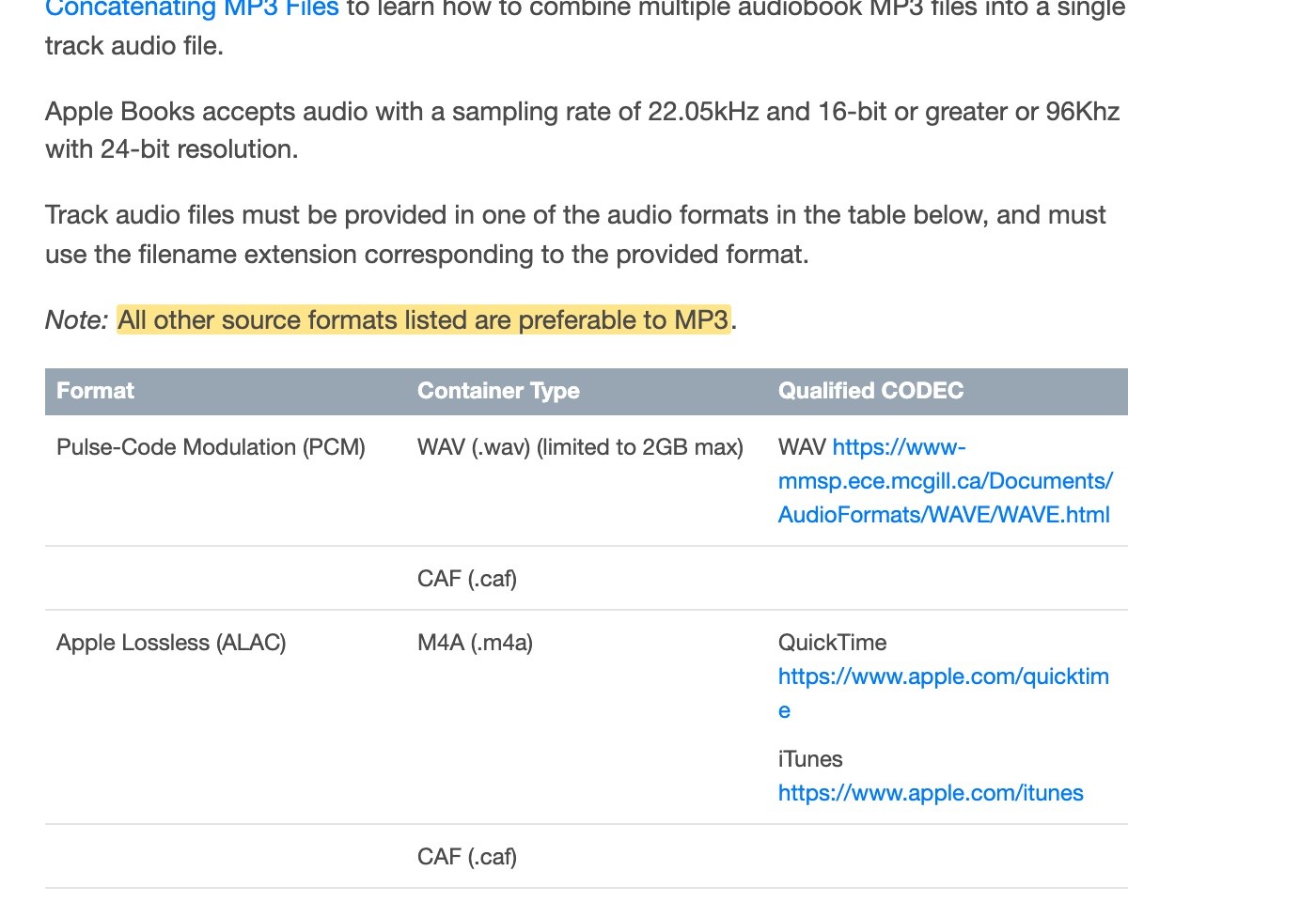 Apple’s audiobook specification: All other source formats listed are preferable to MP3