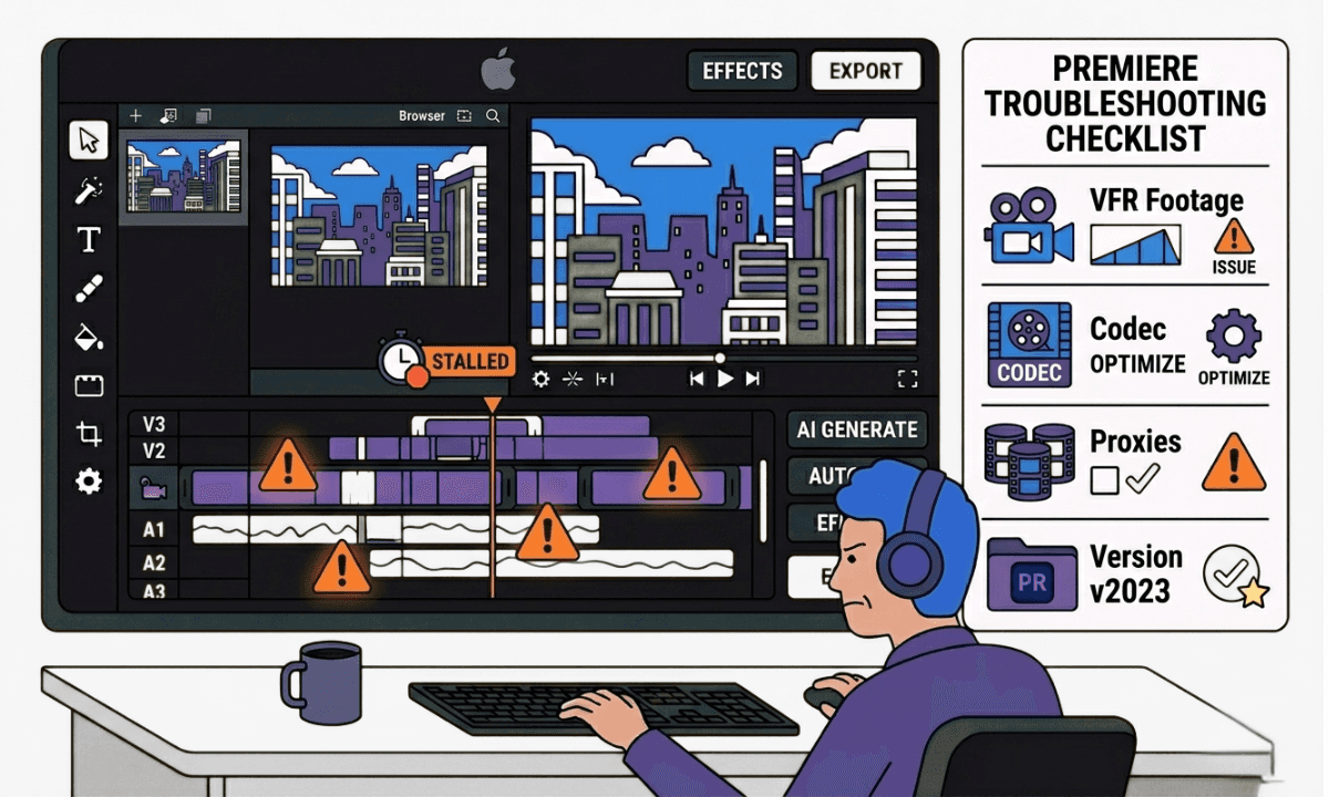 Flat illustration of a Premiere Pro timeline showing playback lag indicators with a diagnostic checklist of fixes including VFR footage, codec selection, RAM, and proxy workflow