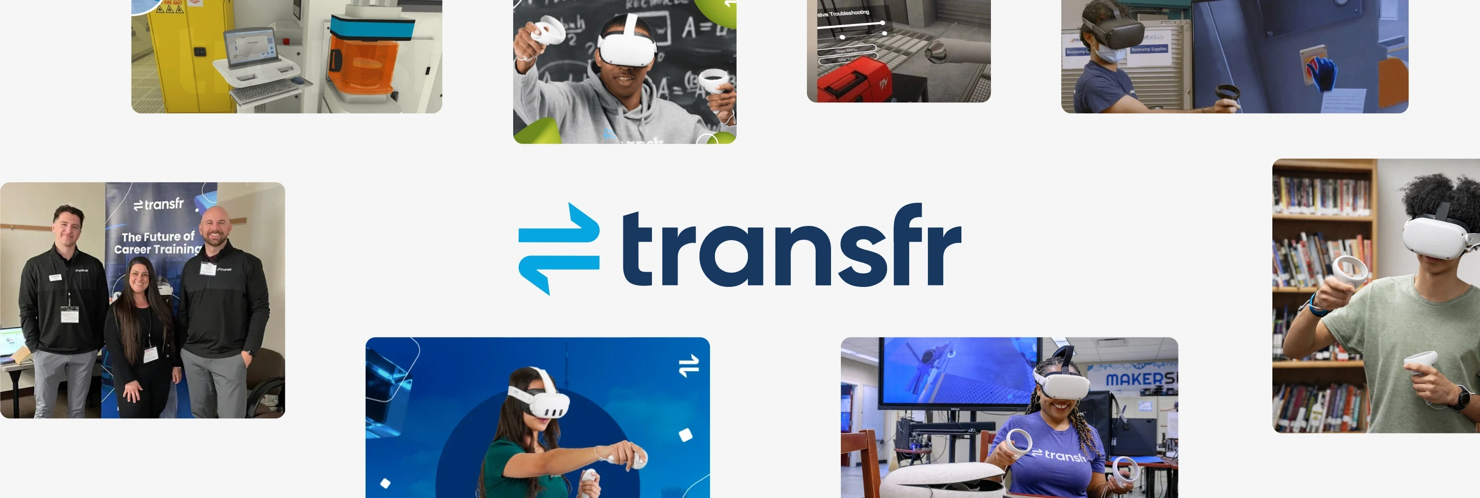 Transfr logo with photos of students wearing VR headsets during hands-on career and vocational training