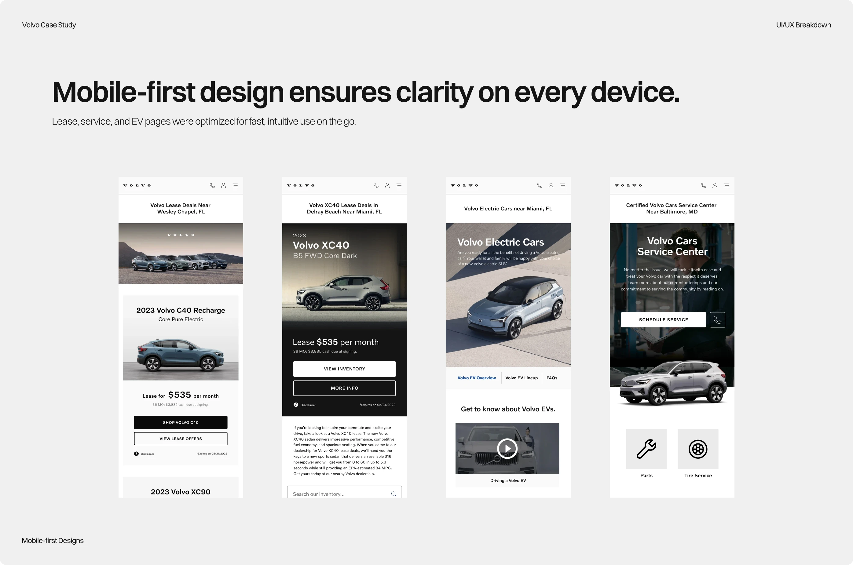 Volvo — Four mobile layouts showing responsive page designs — Mobile UX design
