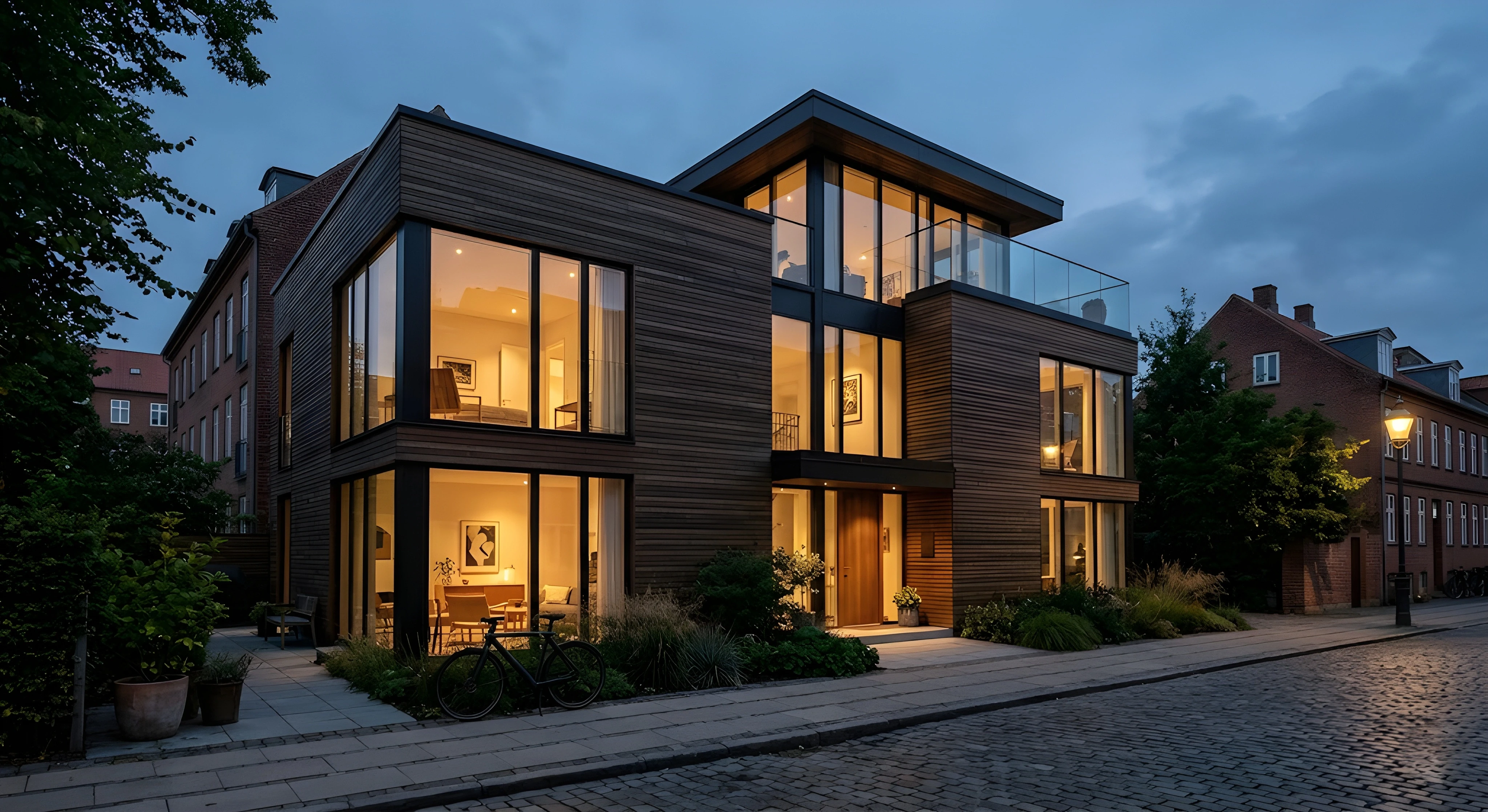 An exterior twilight shot of a modern three-story townhouse featuring a warm wood-planked facade and large, glowing square windows. The home includes a top-floor balcony with glass railings, a paved sidewalk out front with low landscaping, and a bicycle parked near the entrance under a deep blue evening sky.