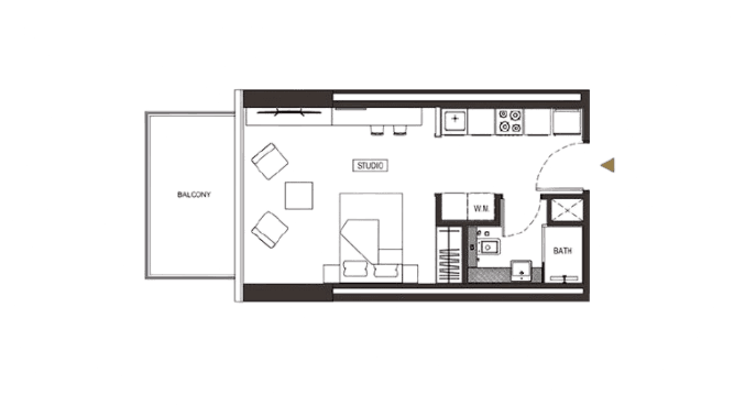 Studio apartment floor plan from Binghatti Phoenix, Dubai, illustrating the arrangement of living spaces.