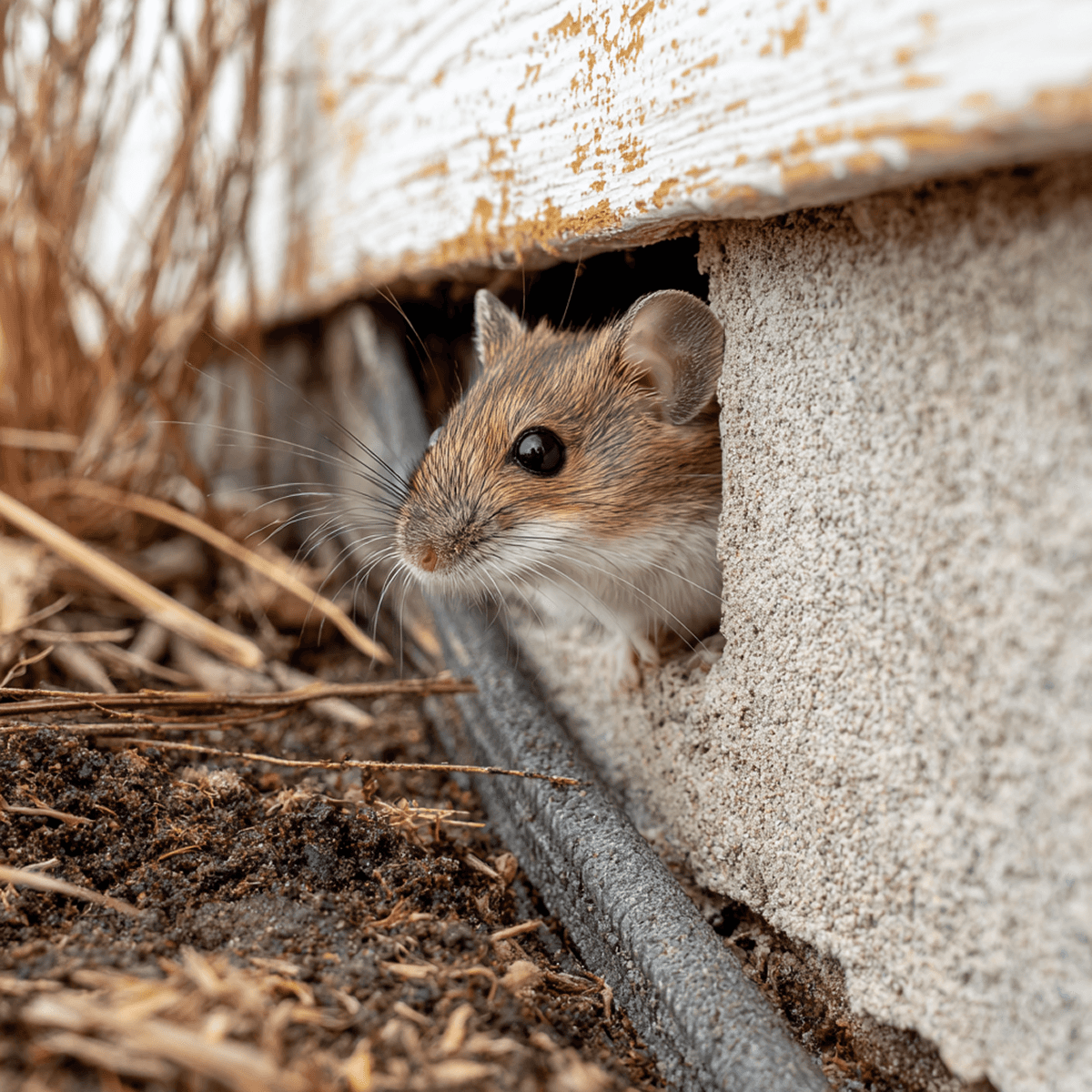 Souris brune avec de grands yeux noirs sortant d’un petit trou dans un mur extérieur, entourée de terre et de brindilles
